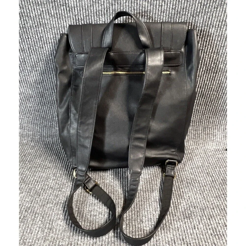 Faux Leather Black Backpack Laptop Bag Casual Work Business Pockets Straps 16x15
